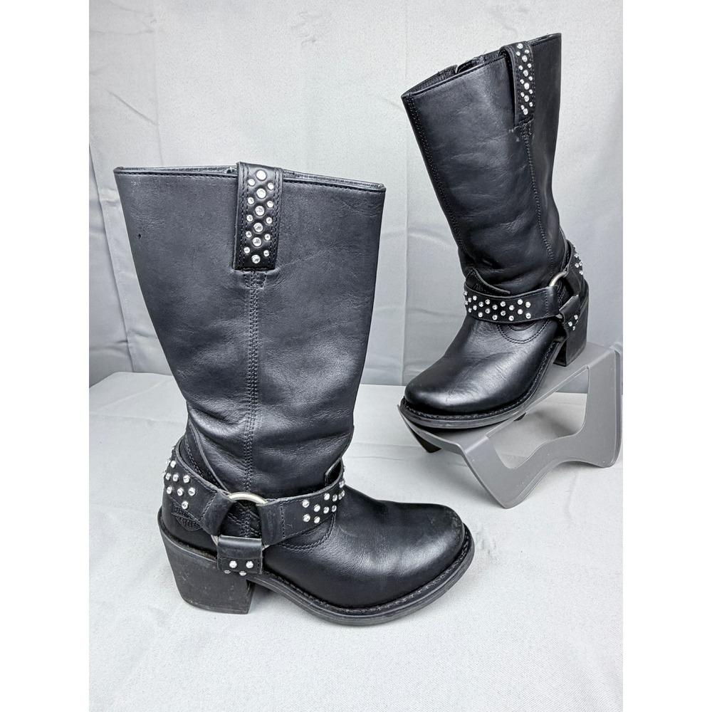 Harley-Davidson Womens Black Leather Studded Harness Moto Boots 7.5 85349